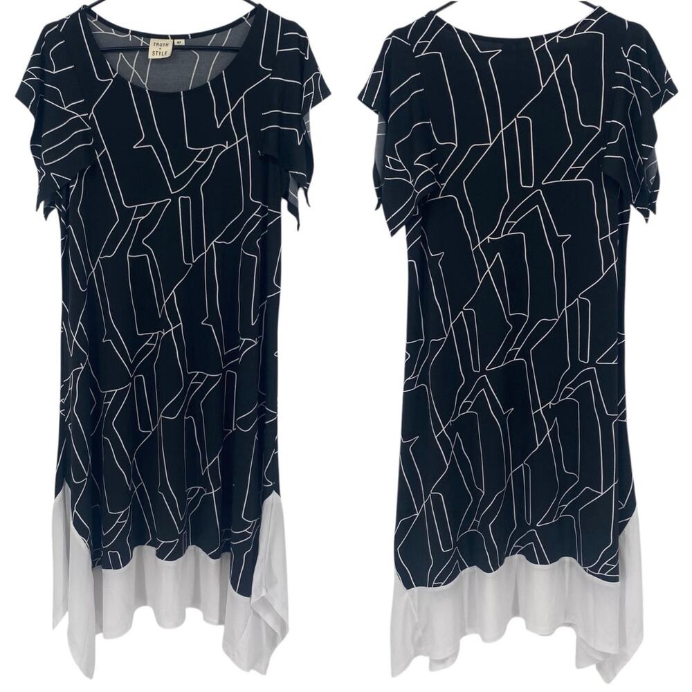 TRUTH + STYLE NWOT Geometric Liquid Knit Asymmetrical Midi Dress Medium Petite
